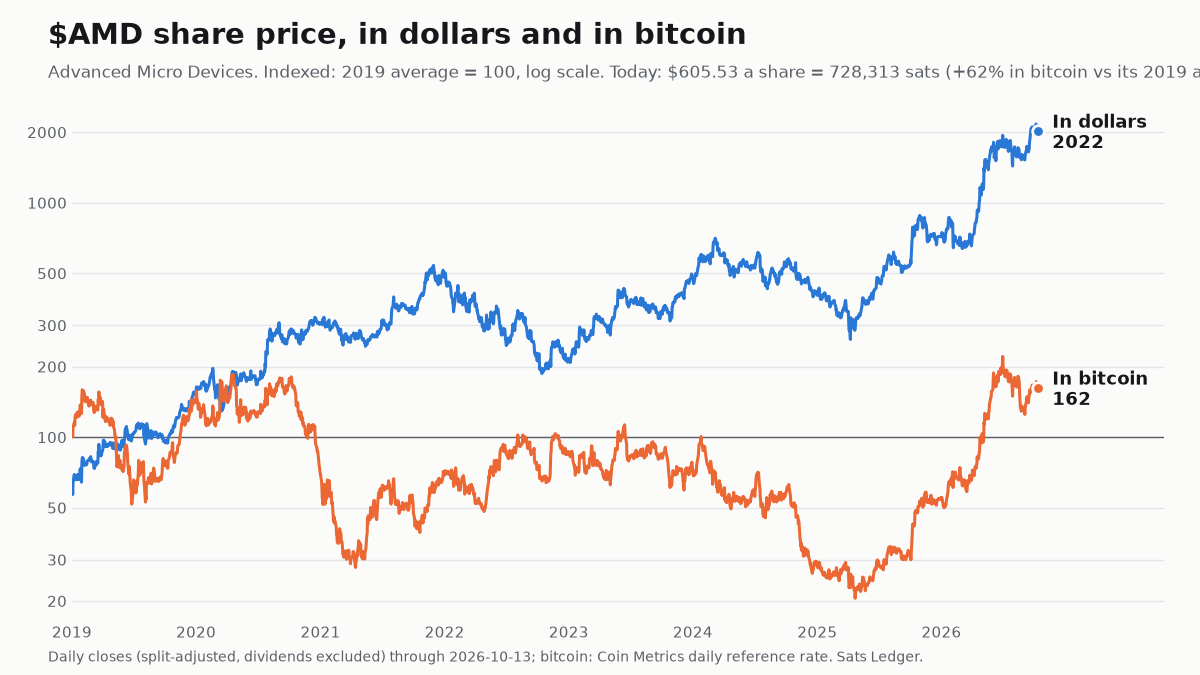 Advanced Micro Devices share price since 2019, in dollars and in bitcoin, both indexed to 100