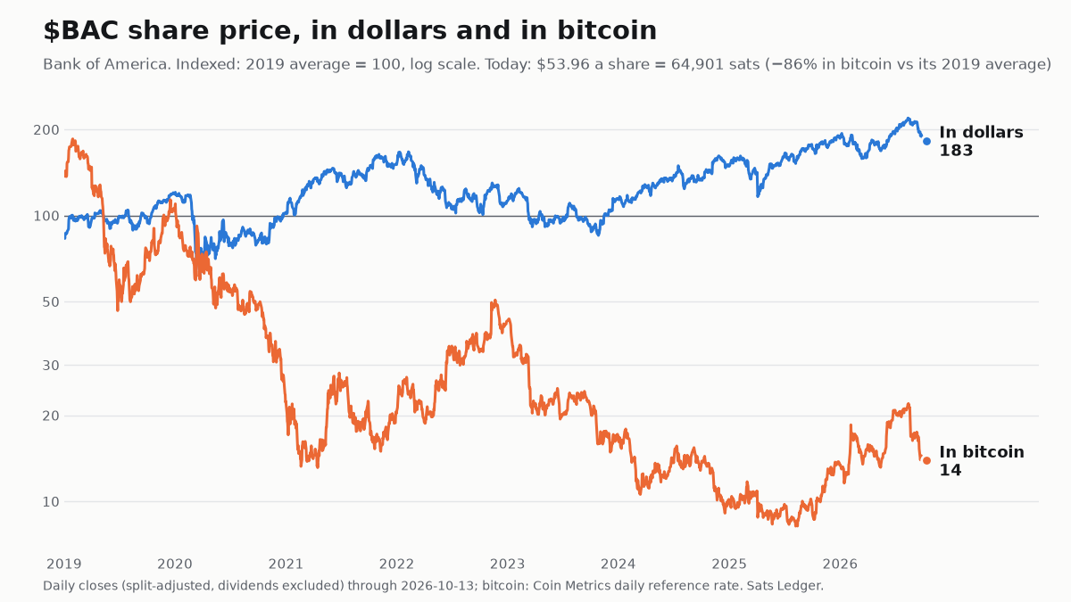 Bank of America share price since 2019, in dollars and in bitcoin, both indexed to 100