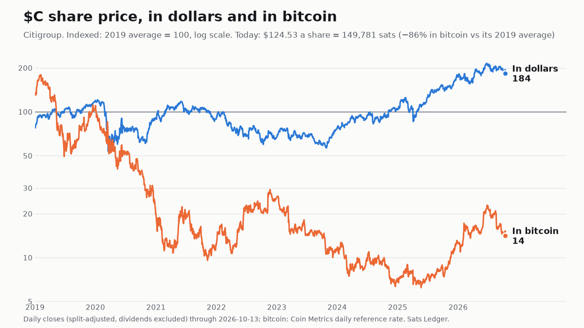 Citigroup share price since 2019, in dollars and in bitcoin, both indexed to 100