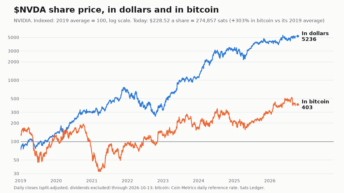 NVIDIA share price since 2019, in dollars and in bitcoin, both indexed to 100