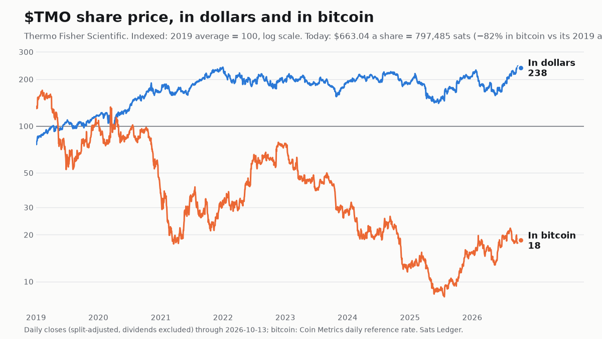 Thermo Fisher Scientific share price since 2019, in dollars and in bitcoin, both indexed to 100